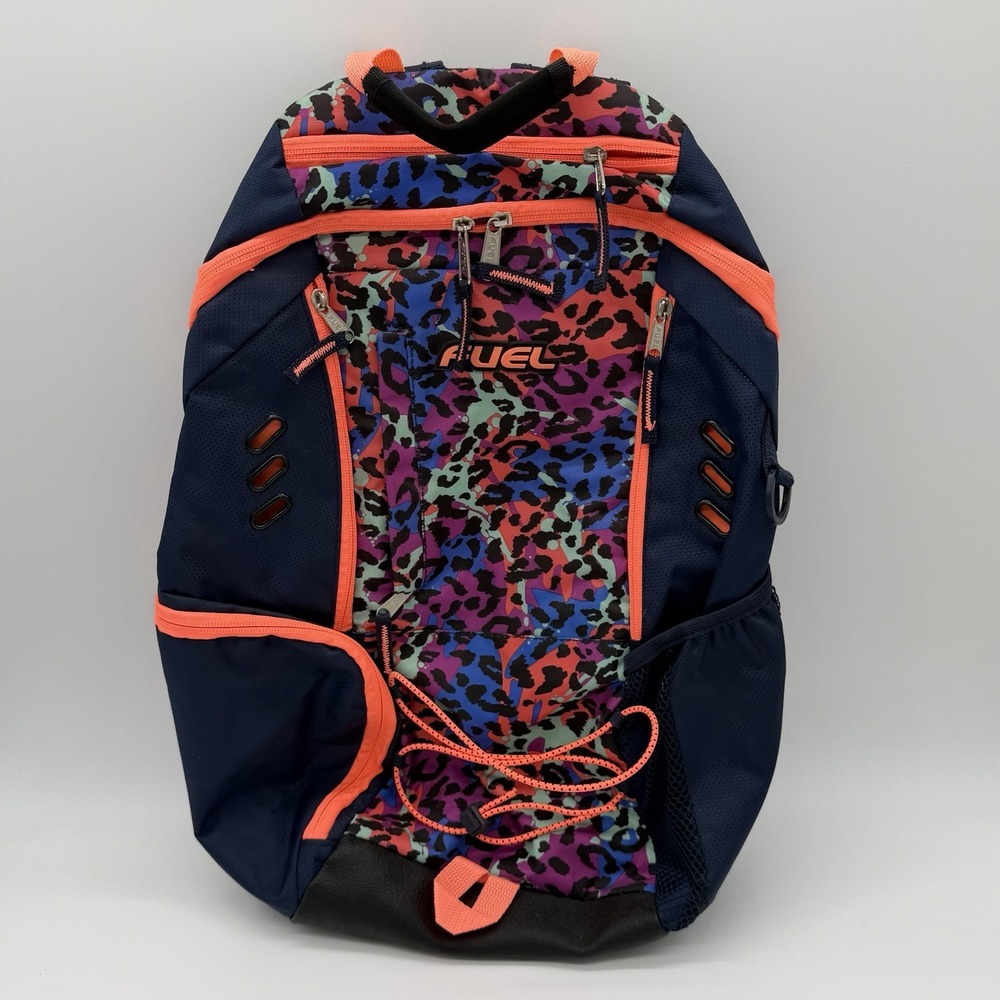 FUEL Ultimate Extreme Bungee Backpack Leopard Cheetah Navy Coral Multicolor